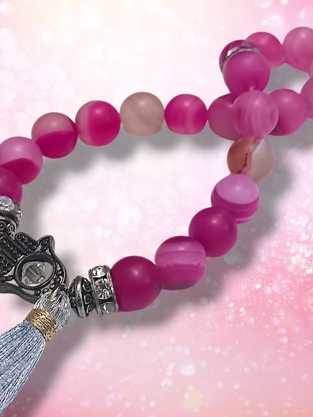 Pink Agate Gemstone Stretch Bracelet with Silver Tassel
